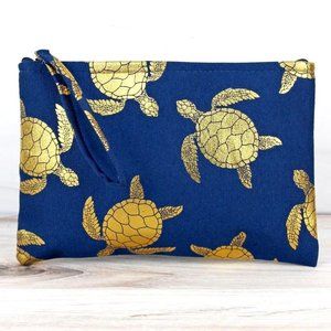 Pouch, Travel Case, Wristlet. Navy Blue & Metallic Gold, Turtles.